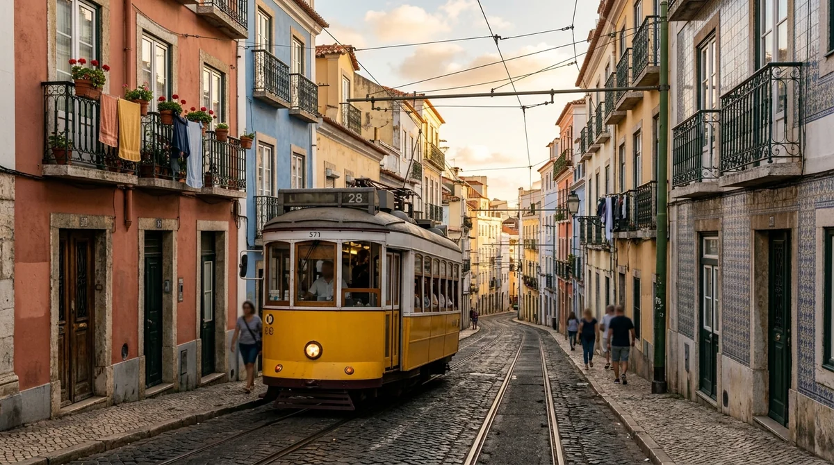 A yellow Tram 28 climbing a narrow cobbled street in Alfama, Lisbon