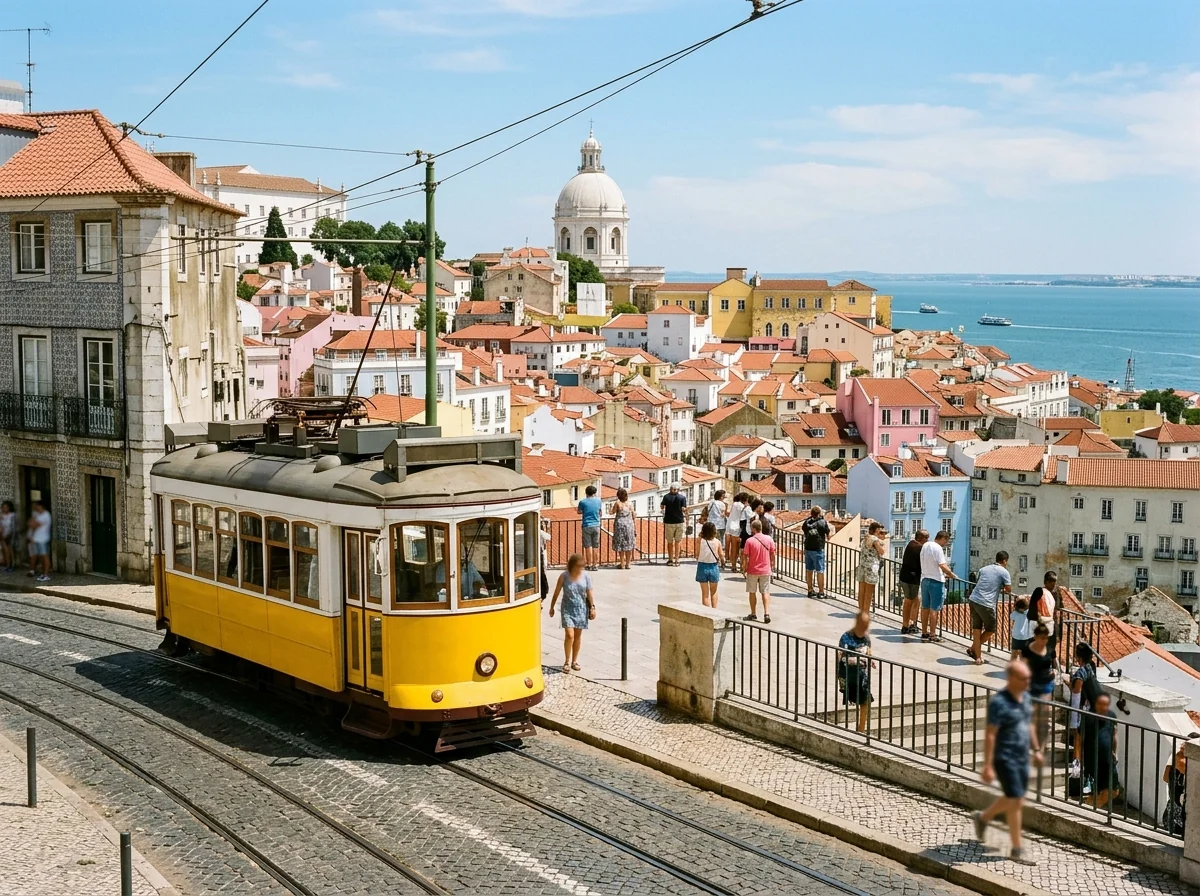 A yellow tram at the Portas do Sol viewpoint above Alfama's rooftops and the Tagus