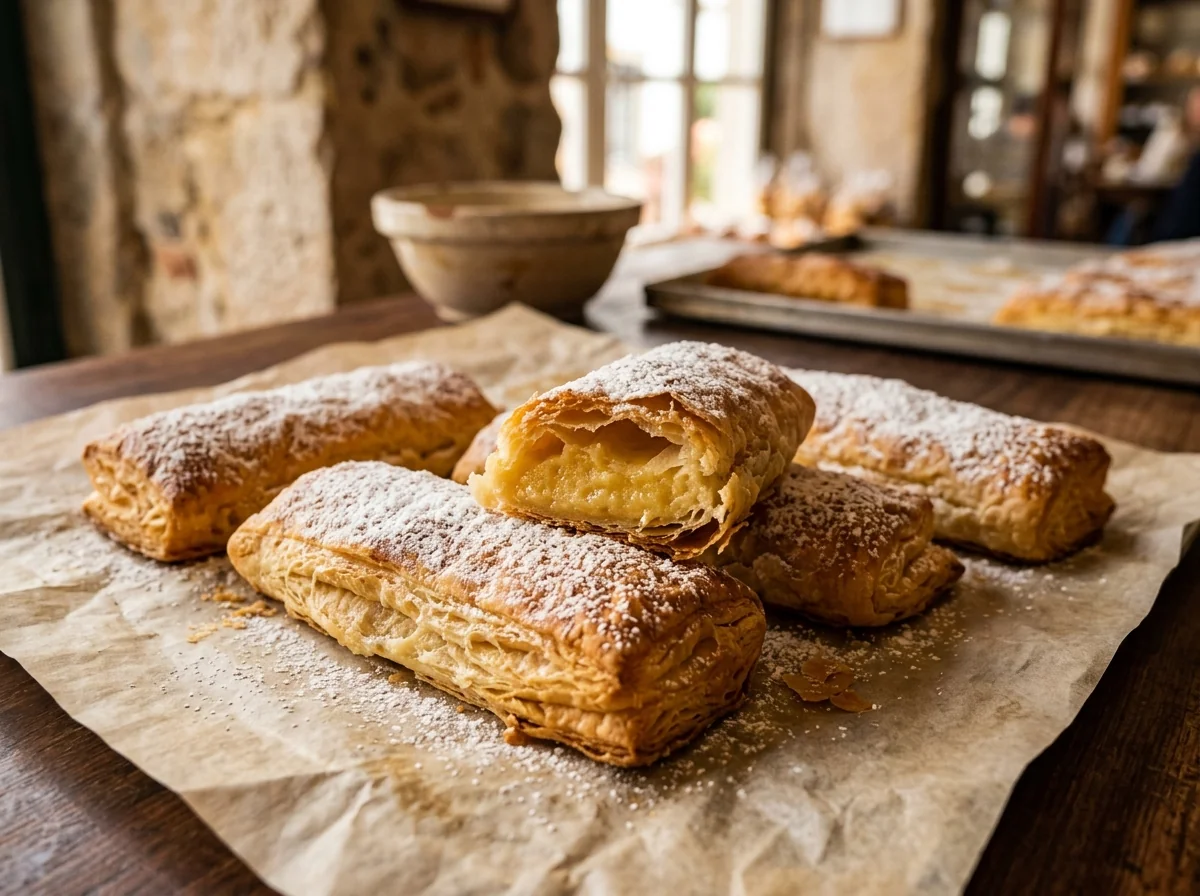 Golden flaky travesseiros de Sintra puff pastries filled with almond cream