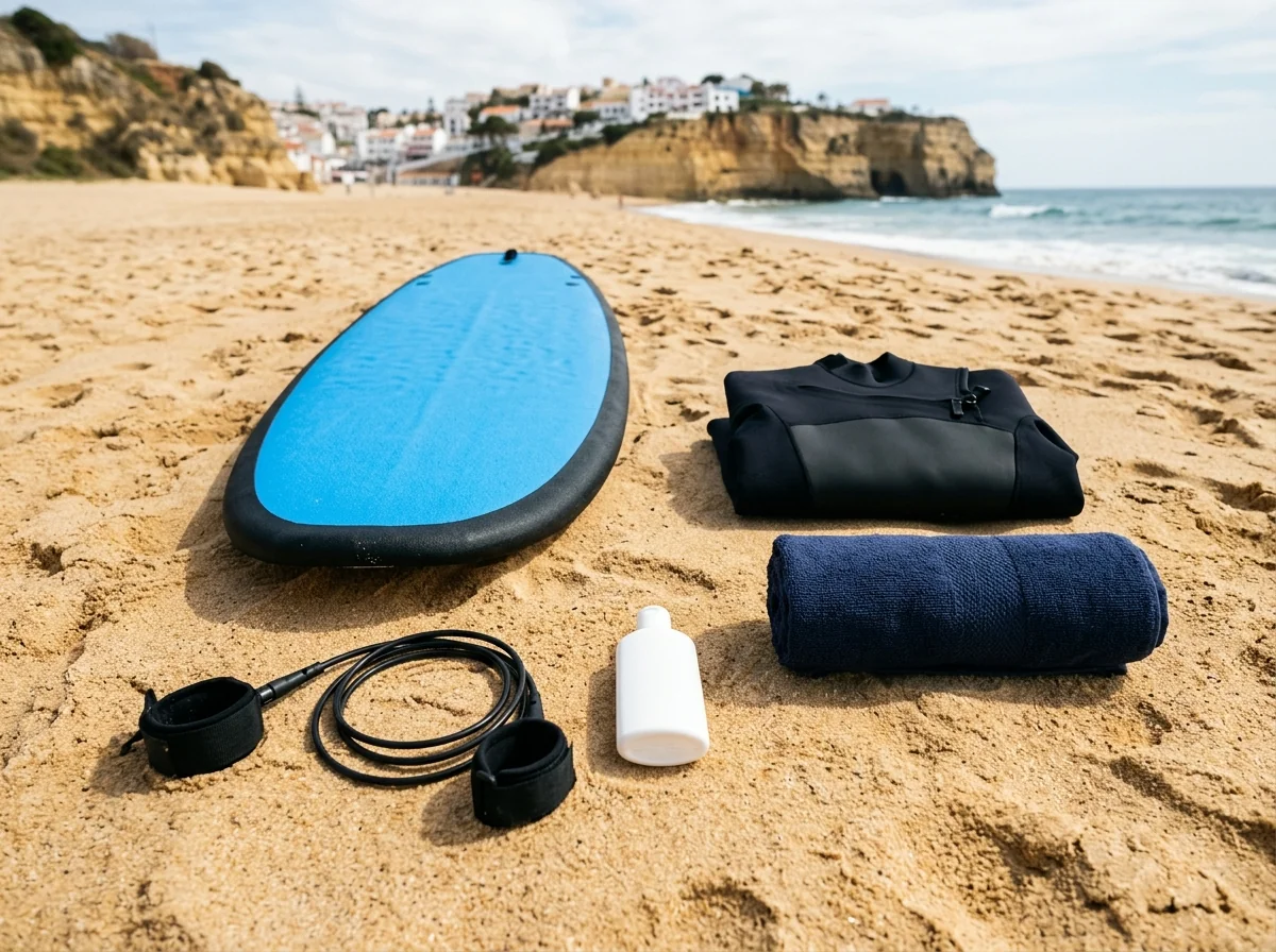 A flat-lay of beginner surf gear: wetsuit, foam board, leash, sunscreen and towel