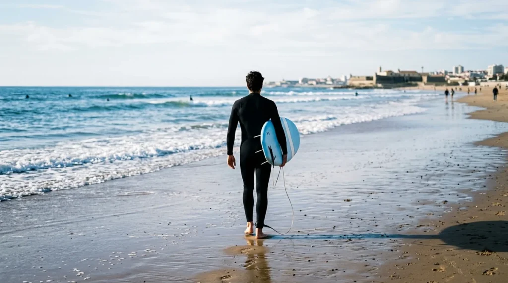 A surfer in a wetsuit carrying a foam board to the water at a beach near Lisbon